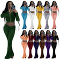 Xs Size Velvet Flare Pants Set Casual Women Fall Outfits Long Sleeve Custom Logo Trendy Crop Top and Pants Solid Two Piece Set