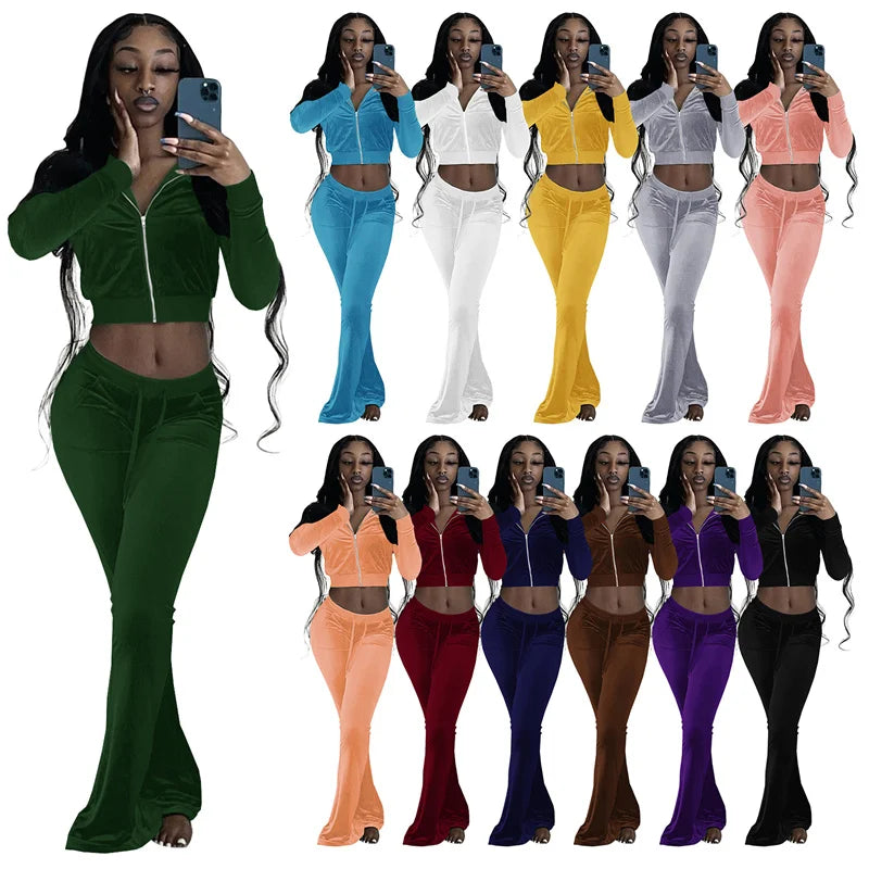 Xs Size Velvet Flare Pants Set Casual Women Fall Outfits Long Sleeve Custom Logo Trendy Crop Top and Pants Solid Two Piece Set