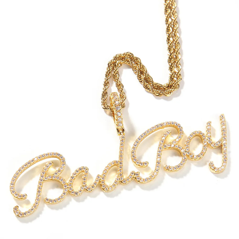 Trendy DIY Pink CZ Diamond Body Customized Name Necklace Spring Jewelry Making Supplies Cursive Script Letter Pendant Wholesale