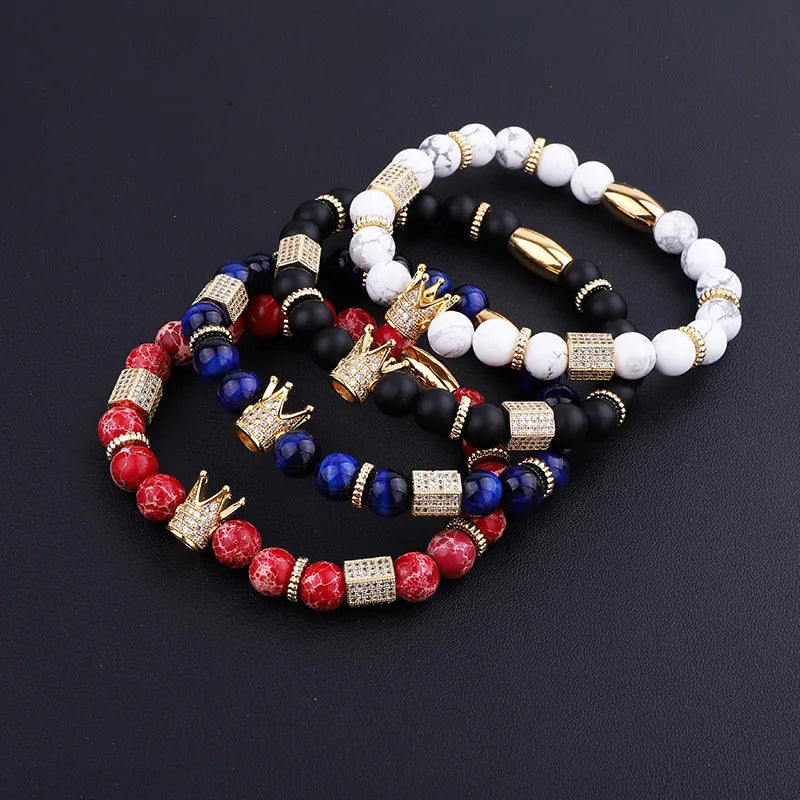 New Fashion Luxury CZ Charm Crown Natural Stone Custom Logo Elastic Men Jewelry Bracelet JBS11446