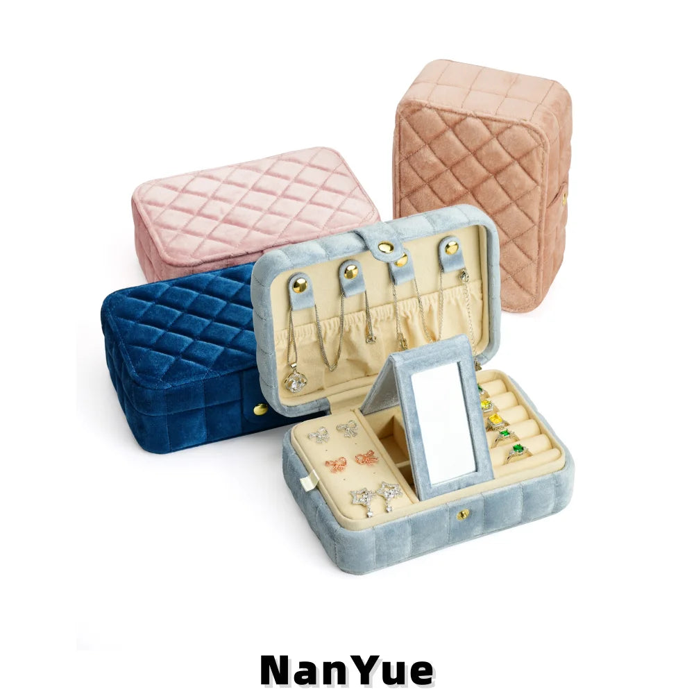 Luxury Quilted Velvet Jewelry Box Mirror Rounded Rectangle Portable Travel Organizer Necklace Earring Ring Gift Box Custom Logo