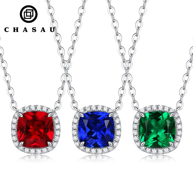 Stone Jewelry 925 Sterling Silver Lab Grown Gemstone Square Rubine Sapphire Emerald Simple 7mm 1.5ct Pendant Necklace for Women