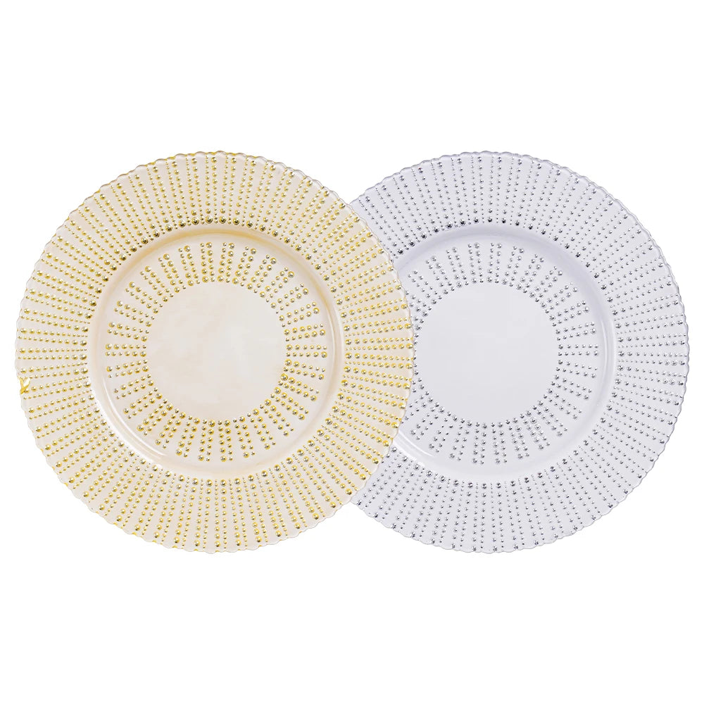 Eco-Friendly Elegant Embossed Gold Beaded Wedding Glass Luxury Bulk Dinnerware/Plate Tableware for Charger Plate