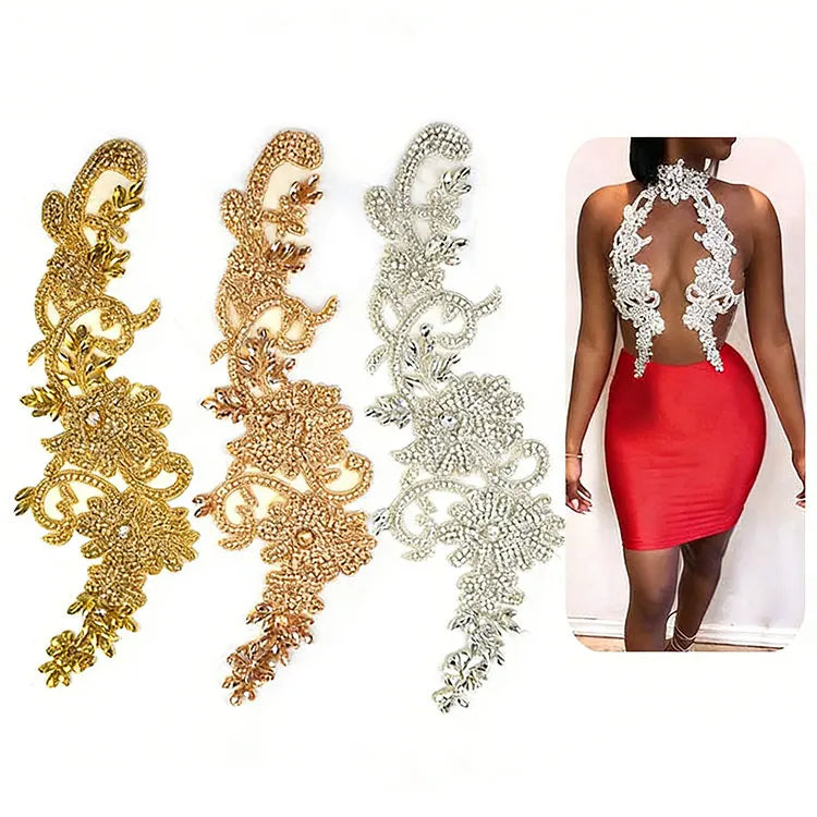 WRA-1006 Custom Sliver and Rose Gold Stoning Board Hotfix Rhinestone Floral Shape Beaded Applique Crystal Flower Patches