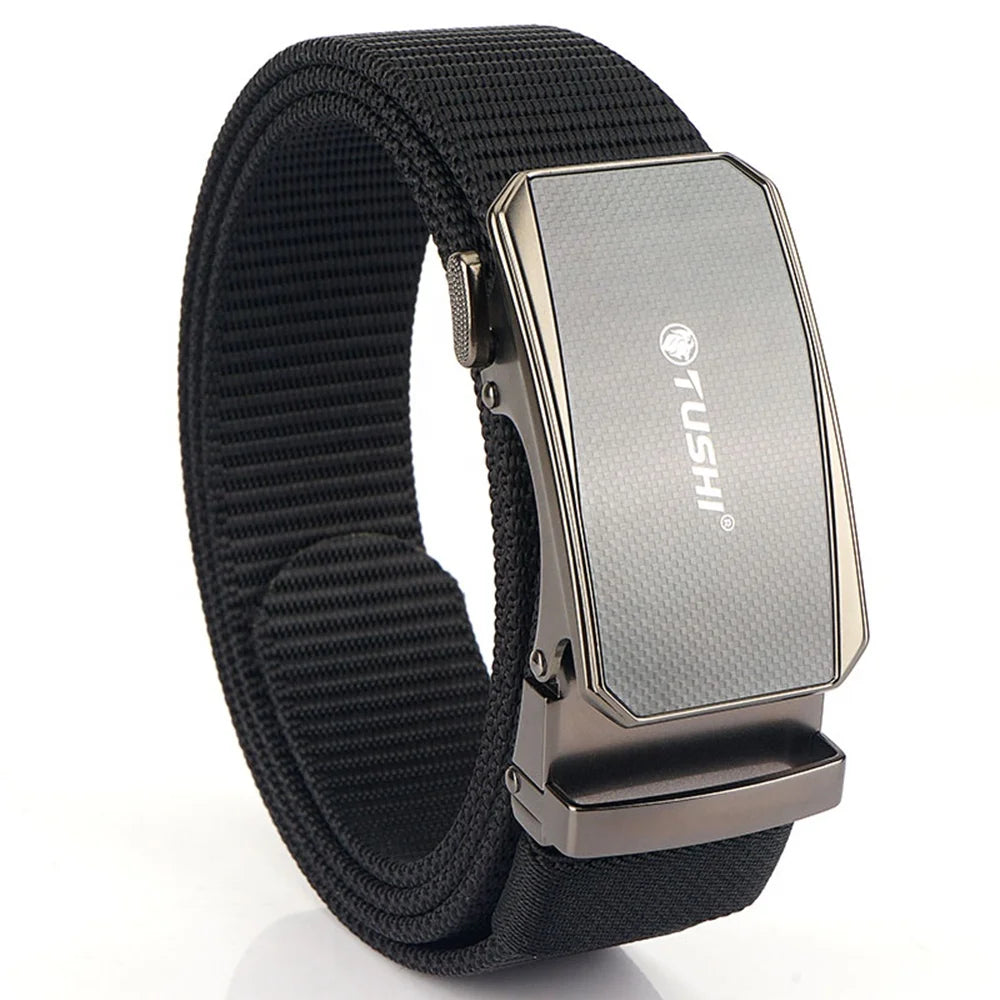 TUSHI Luxury Men's Business Nylon Belt Adjustable Zinc Alloy Automatic Ratchet Buckle Classics