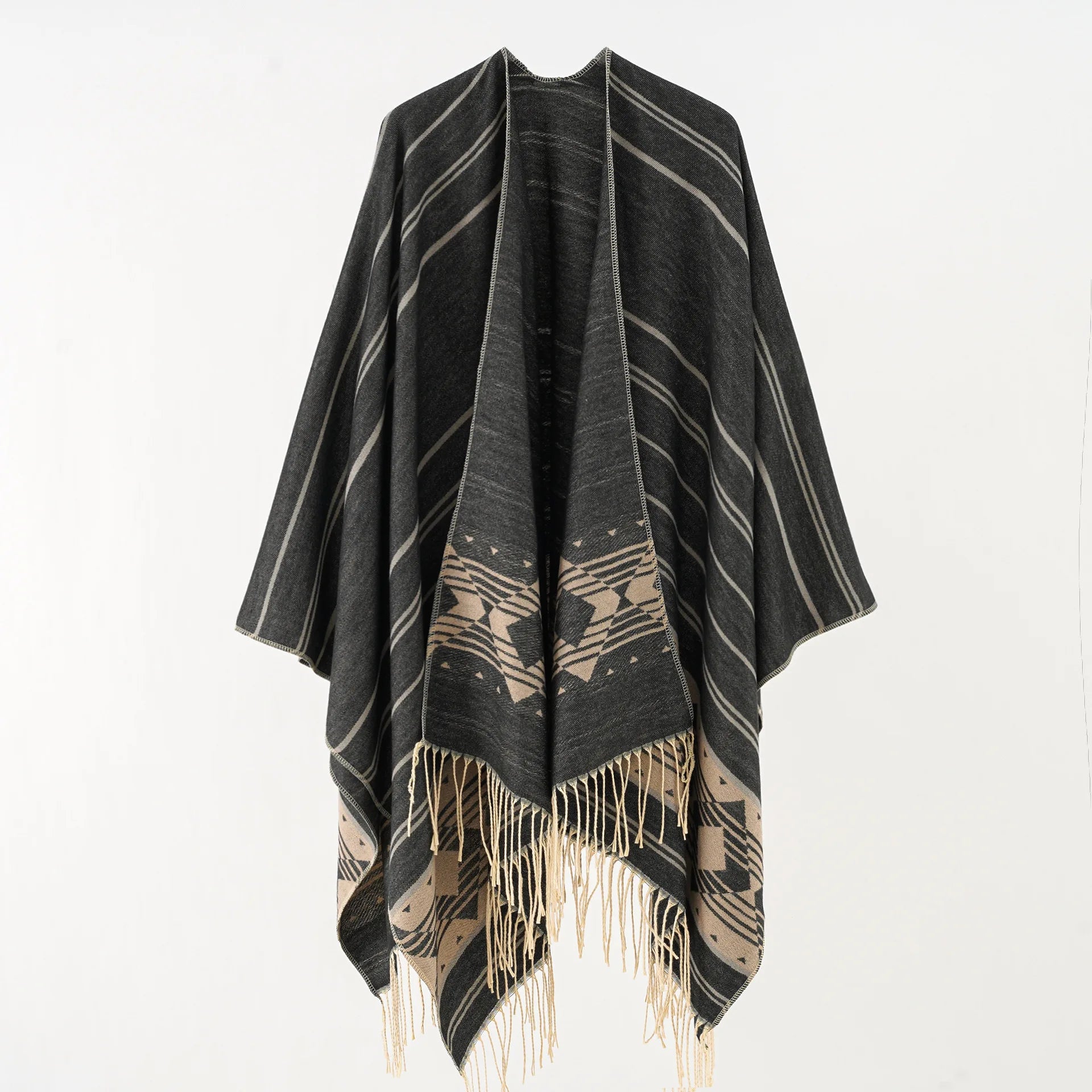 Poncho Bohemian Geometric Tassel Split Shawl Diagonal Lengthen Hot Sell New Women Cape Cashmere Travel Double Sided Warm Cloak