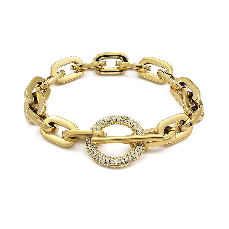 Stainless Steel Paperclip Links Bracelets Cubic Zirconia T Toggle Clasp Waterproof Wristband Hand Chains Punk Hip Hop Jewelry