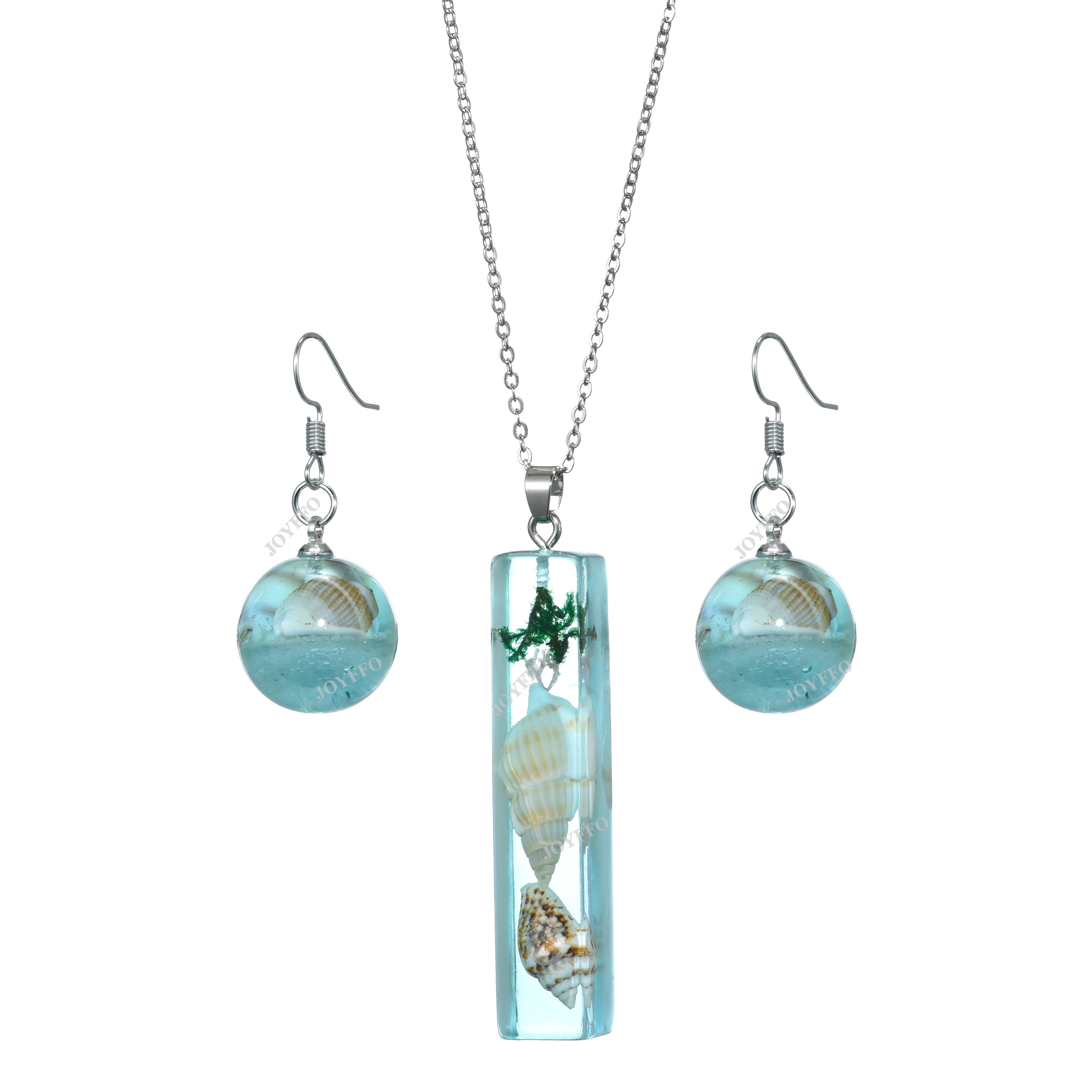 2020 Personalized Gold Plated Earring Silver Chain Necklace Jewelry Sets Natural Sea Shell Ball Pendant Crystal Resin Necklace