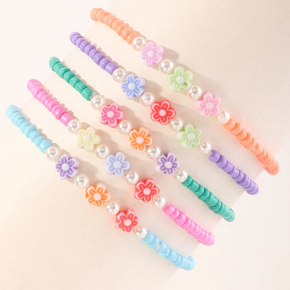 BOHEMIAN Colorful Design Polymer Clay Flower Charm Elastic Cord Stretchy Glass Seed Beads Beaded Foot Anklet Bracelet