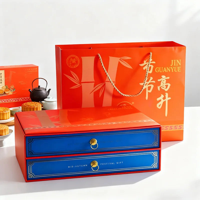 Factory Custom Printing logo Double Layer Drawer Luxury Food Cookie Pastry Mooncake Packaging Ramadan Gift Paper Boxes With Bag