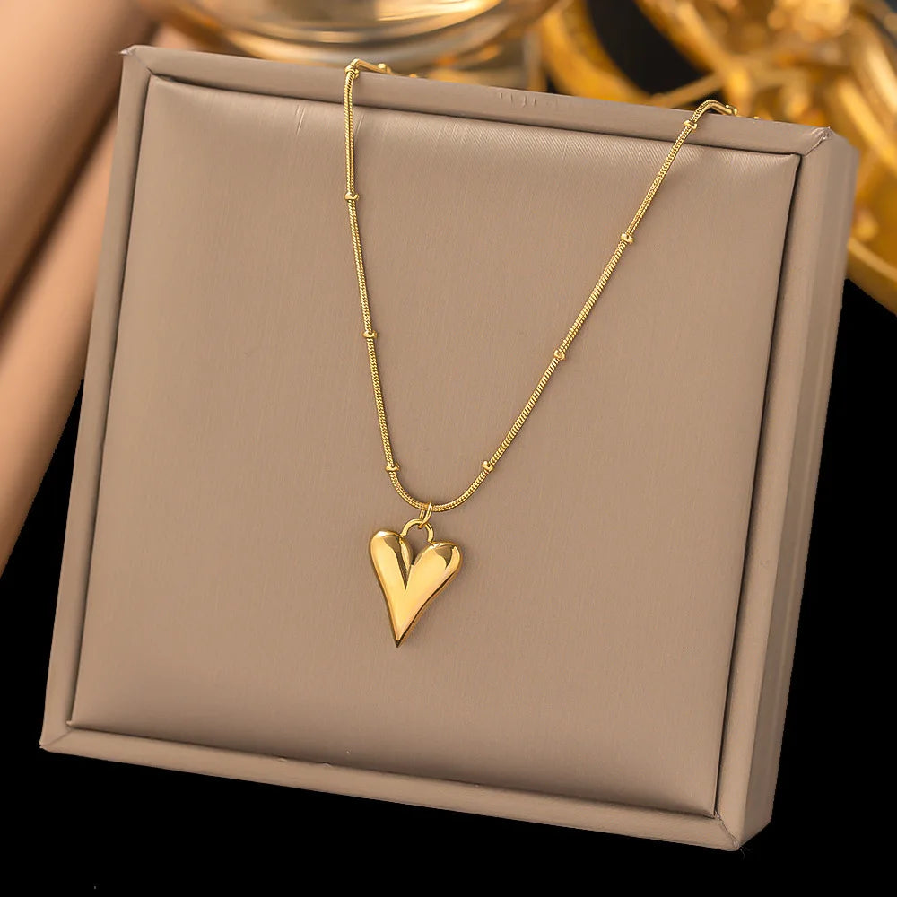Wholesale Stainless Steel Bracelet 18K Gold Plated Waterproof Jewelry Set Beaded Chain Heart Charm Necklace Bracelet for Women