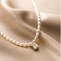 Daidan Necklace Zirconia Bezel Pave Rectangle18K Gold Plated Pendant Luxury Pearl Sterling Silver Necklace