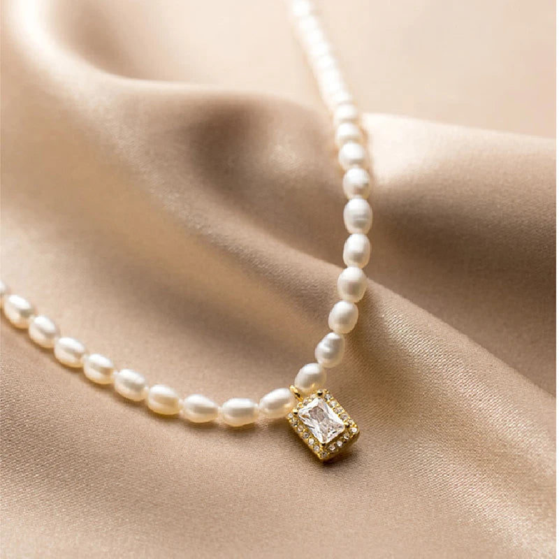 Daidan Necklace Zirconia Bezel Pave Rectangle18K Gold Plated Pendant Luxury Pearl Sterling Silver Necklace