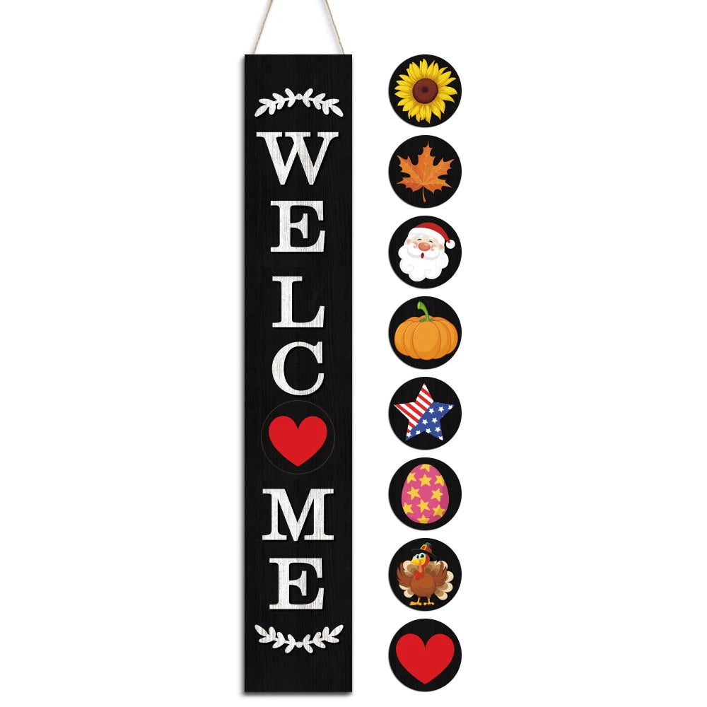 Putuo Decor Welcome Sign Front Door Wooden Sign with 8 Interchangeable Icons Porch Farmhouse Decor