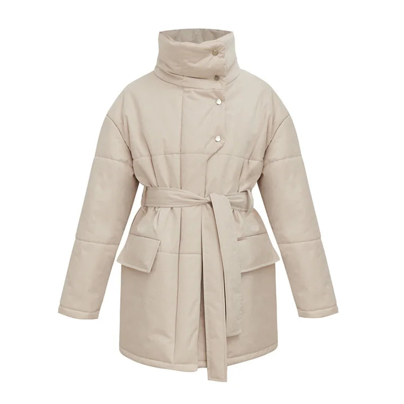 Women's Winter Loose Thicken Quilted Jacket Belted Outwear Parkas Coat Woman Warm Cotton Puffer Jackets for Office Ladies 2026
