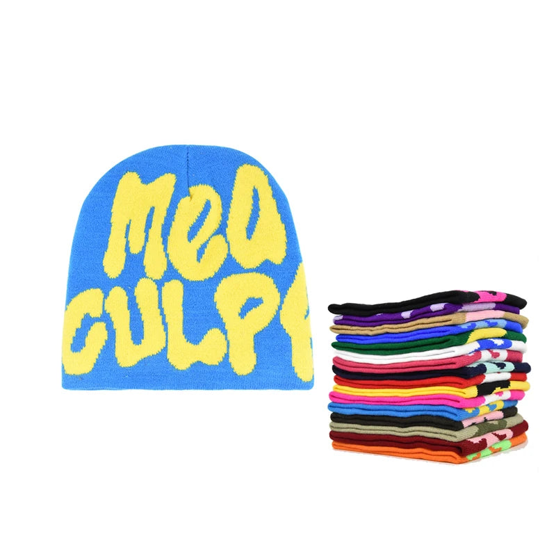 Custom Manufacturing With Logo All Over Print Acrylic Unisex Jaquards Graphic Style Jacquard Mea Culpa Beanie Knitted Hats