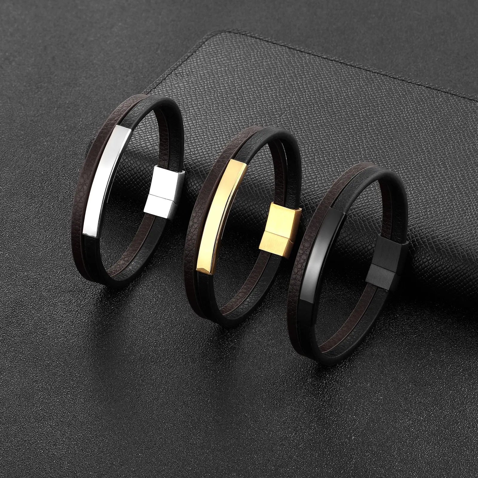 New Design Stainless Steel Metal Tube Real Genuine Leather Bracelet Jewelry for Men Custom Logo