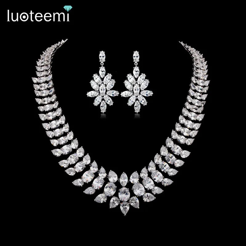LUOTEEMI Zirconia Women Necklaces  Earrings Sets 2021 2025 Wedding Rings Couple Earring Bridal Vintage Zircon Simple Jewelry Set