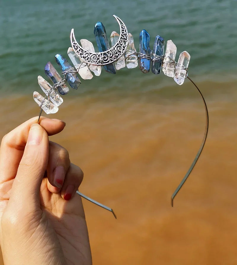 DIY Good Selling Witch Moon Accessories Electroplating Blue White Crystal Crown Handmade Bridal Hair Band Hair Accessories