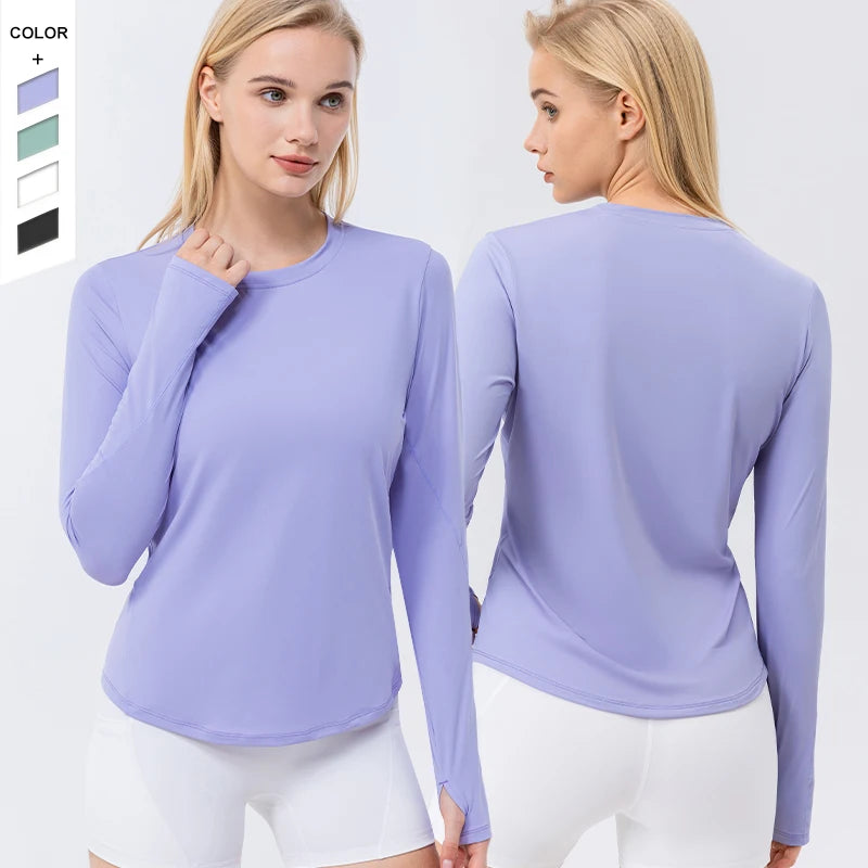 In Stock High Elasticity Sunscreen Fitness Long Sleeves Round Neck Curved Hem Sports Long Sleeves