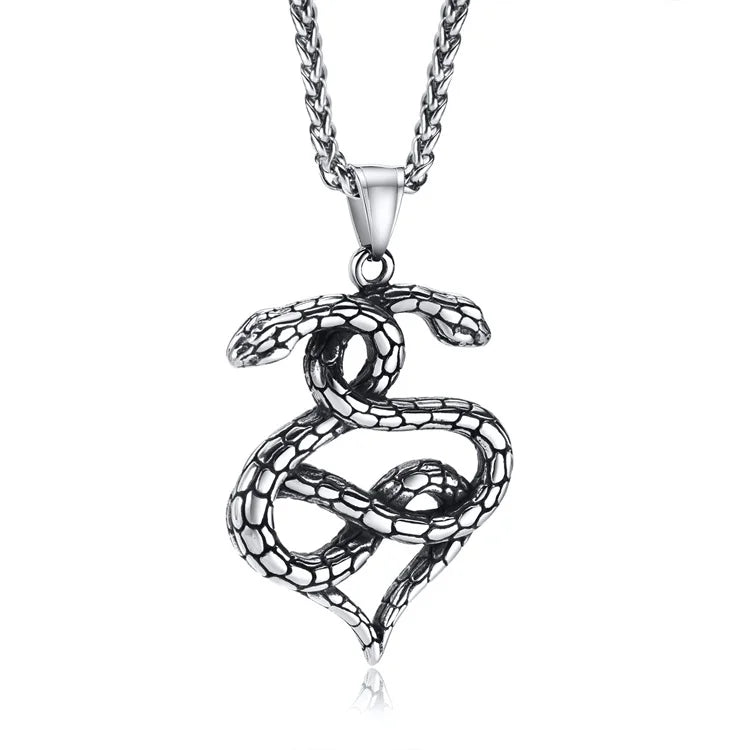 Wholesale Double Snake Head Black Oil Stainless Steel Snake Pendant Necklace for Men