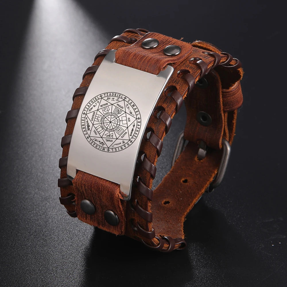 Hot Selling  Archangels Sigil Charm Viking Bracelet Solomon Talisman Leather Bangles for Men Stainless Steel Accessories