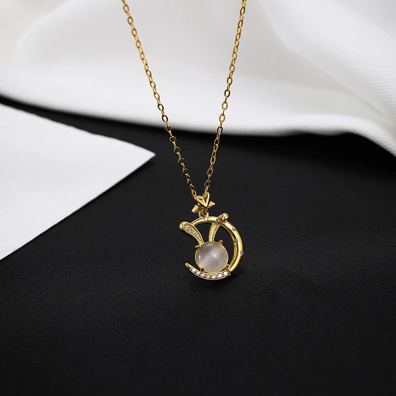 S925 Sterling Silver Luxury White Cat Eye Natural Stone Bunny Rabbit Necklace for Women