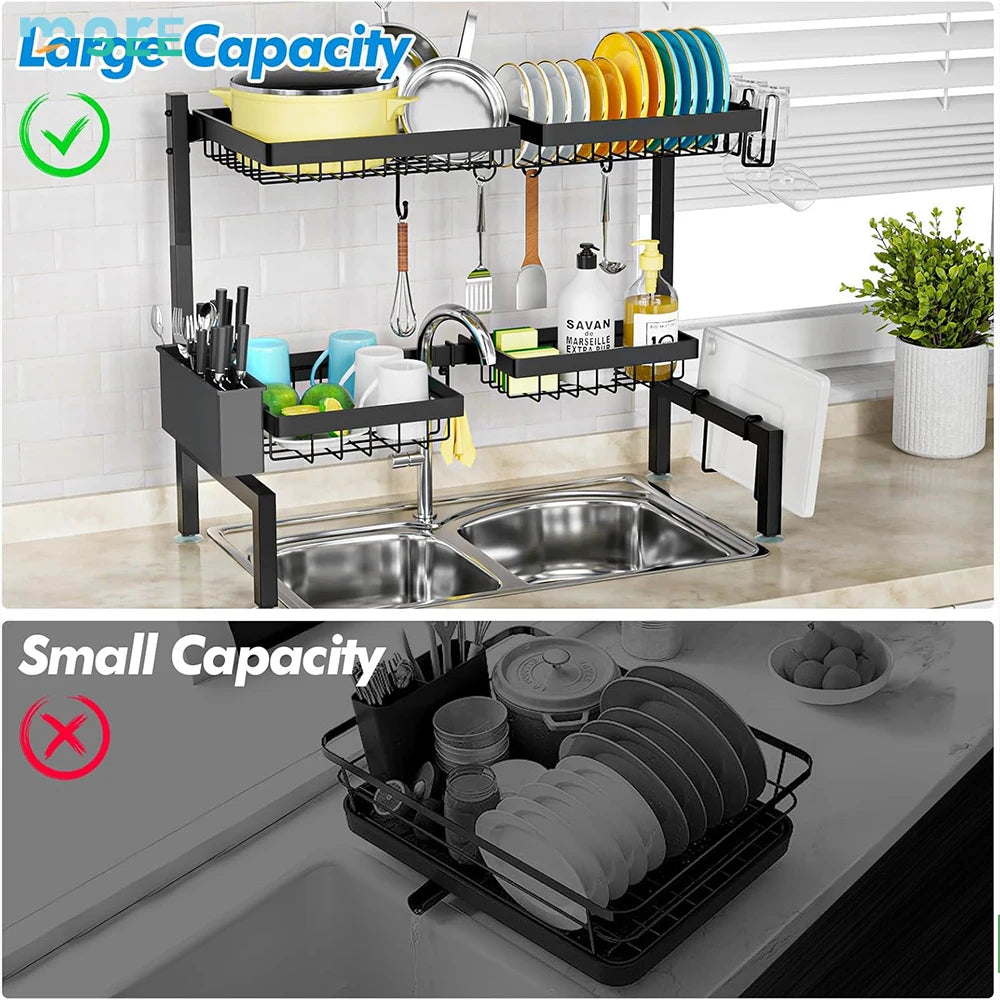 SeeMore Adjustable 2-Tier Stainless Steel Drainer Kitchen Rack Double Storage Drying Shelf Organizer Dish Rack Functionality