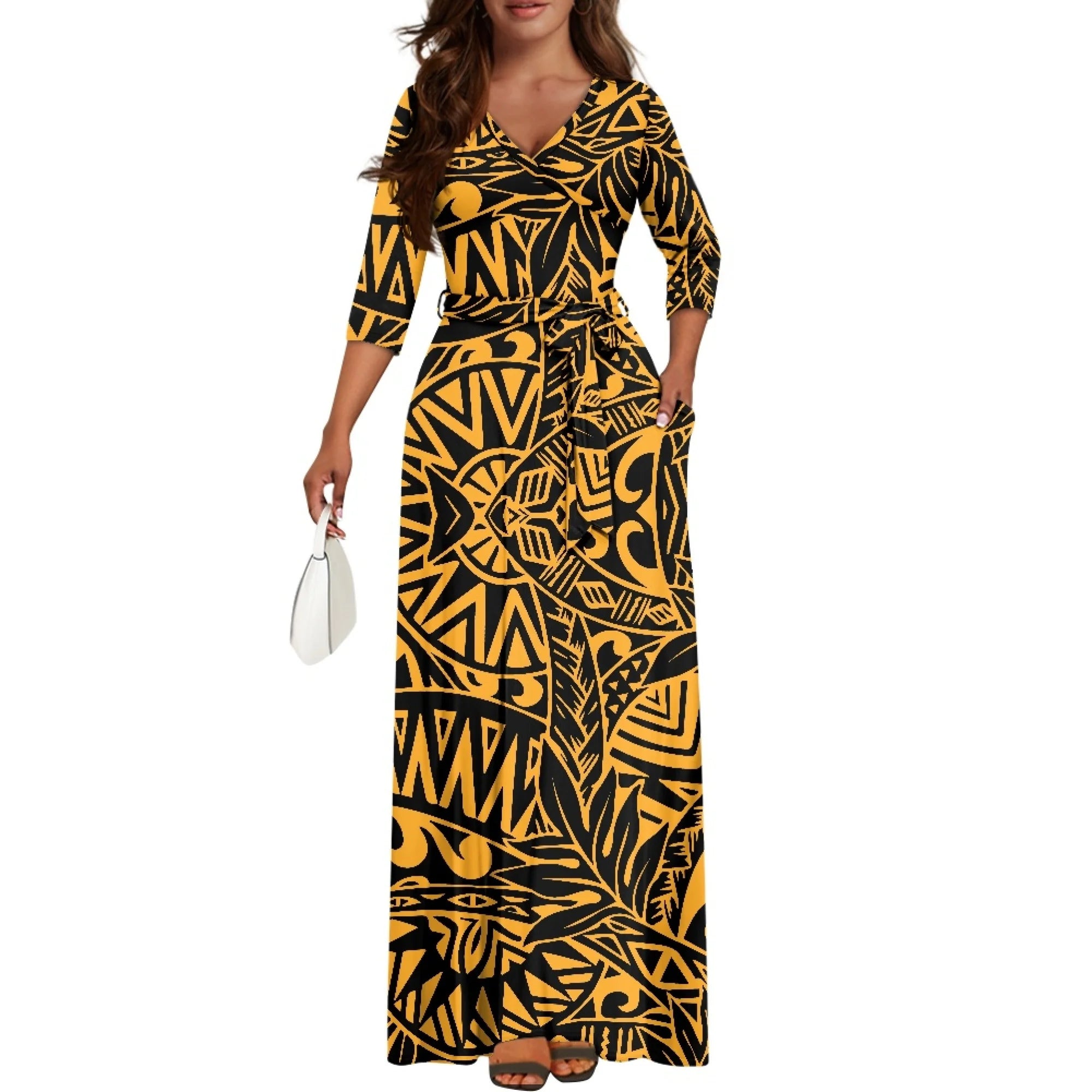 Yellow Tribal Maxi Dress for Women Wrap V Neck Short Sleeve High Waist Summer Casual Elegant A-line Long Dresses with Pockets