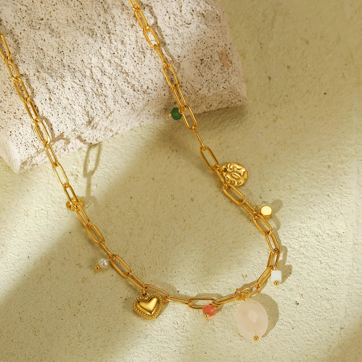 Personality Stainless Steel Peach Heart Pearl Pendant Necklace Natural Stone Curb Link Chain Bead Necklace Women Jewelry