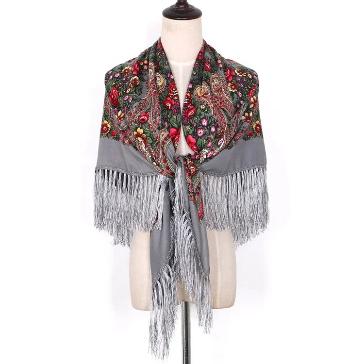 New Tassel Stitching Color Muslim Hijab Women Flower Print Cotton Viscose Shawls and Scarves