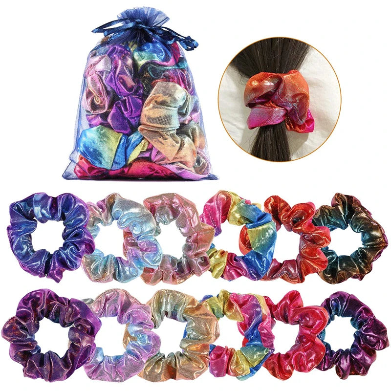 Wholesale Shiny Glitter Rainbow Ponytail Holder Big Hair Scrunchies Accessories for Women