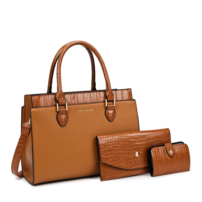 Custom Wholesale Fashion Retro Crocodile Pattern PU Leather Ladies Crossbody Womens Hand Bags 3pcs in 1 Handbag Set