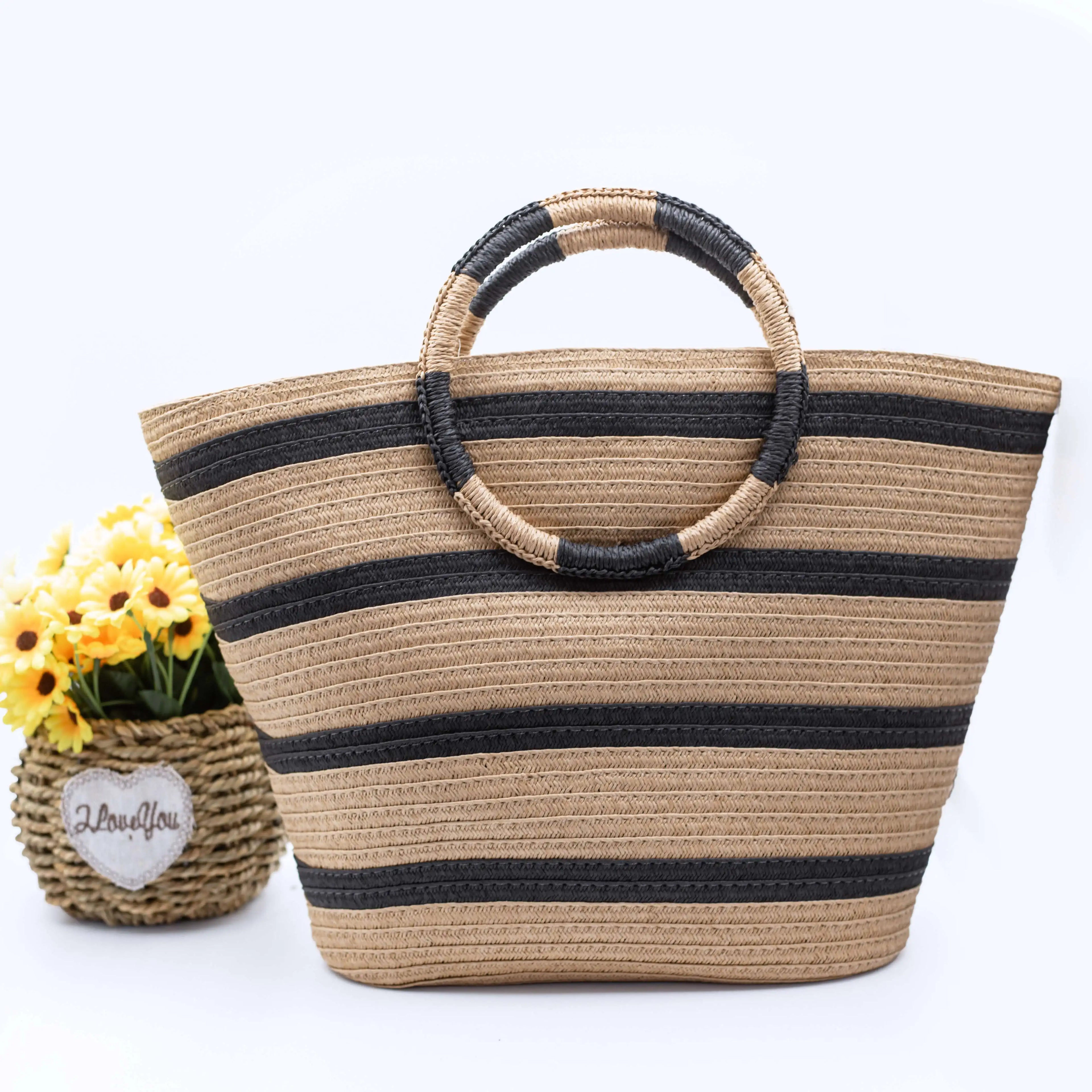 Wholesale 2026 Hot Sale Large Casual Tote Handbags for Women Durable Portable Paper Straw Bag Open Closure Shoulder Beach Bag