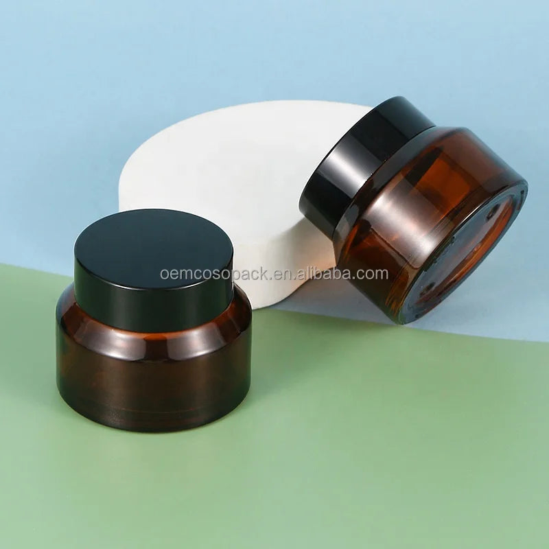 Face Cream Cosmetic Container 2024 New Arrival Retail Empty Round 30ml 1oz Amber Glass Cream Jar Cosmetic Packaging