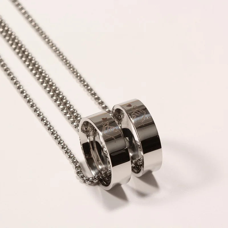 2023 New Ring Pendant Necklace for Men Women Vintage Punk Fashion Stainless Steel Ring and Necklace Set for Couple