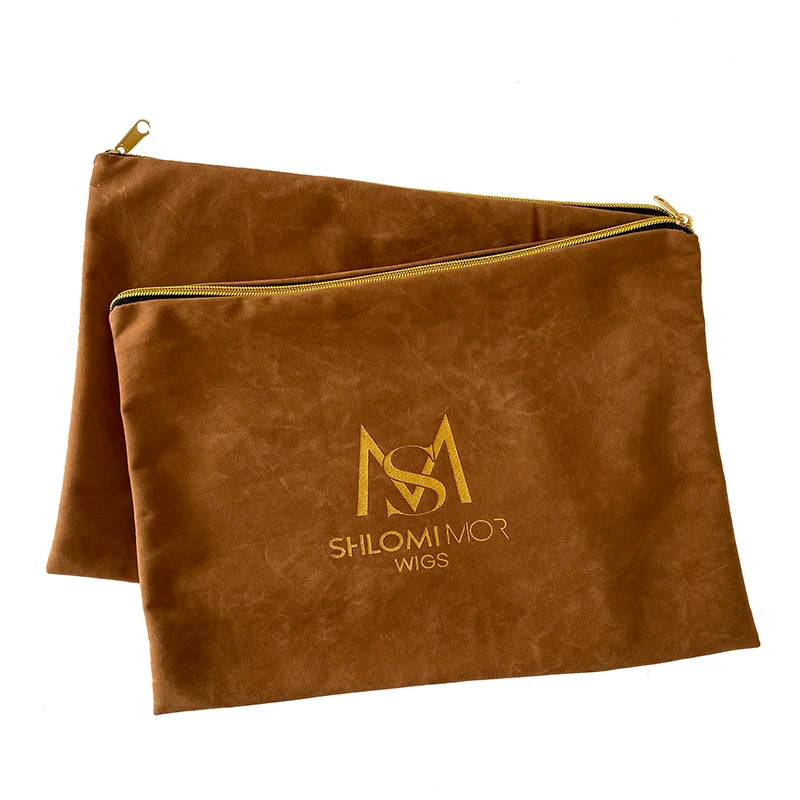 Custom Brand Logo Printed Cosmetics Travel Storage Bags35x25cm Brown Velvet Wigs Zipper Bags