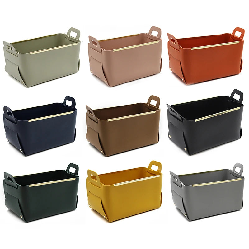 Factory Ready Stock Faux Leather Decorative Tray  PU  Leather Household Cosmetics Storage Basket Folding Cube Organizer Bin with