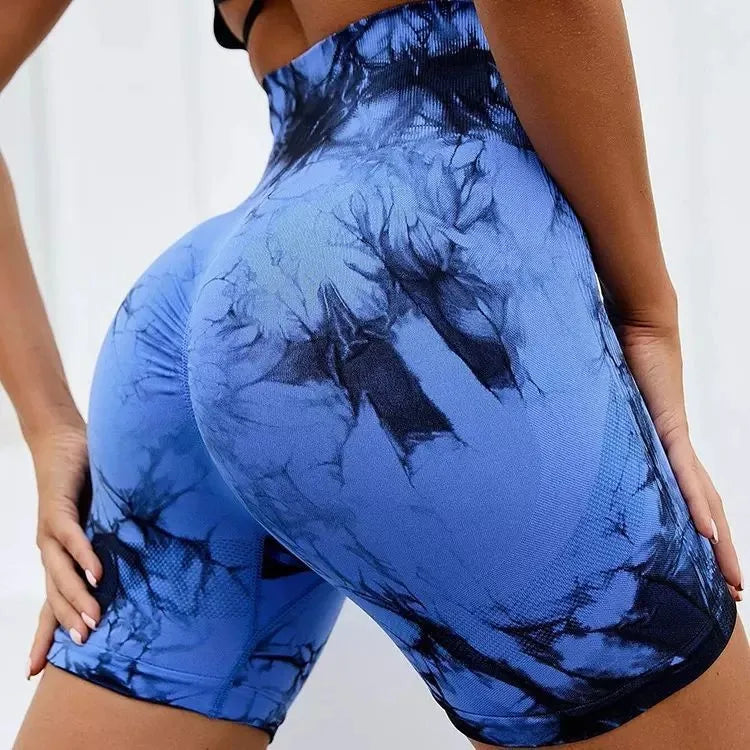 High Waist Elastic Hip Lifting Tie Dyed Sports Tight Pants Women Outdoor Running Seamless Yoga Fitness Shorts
