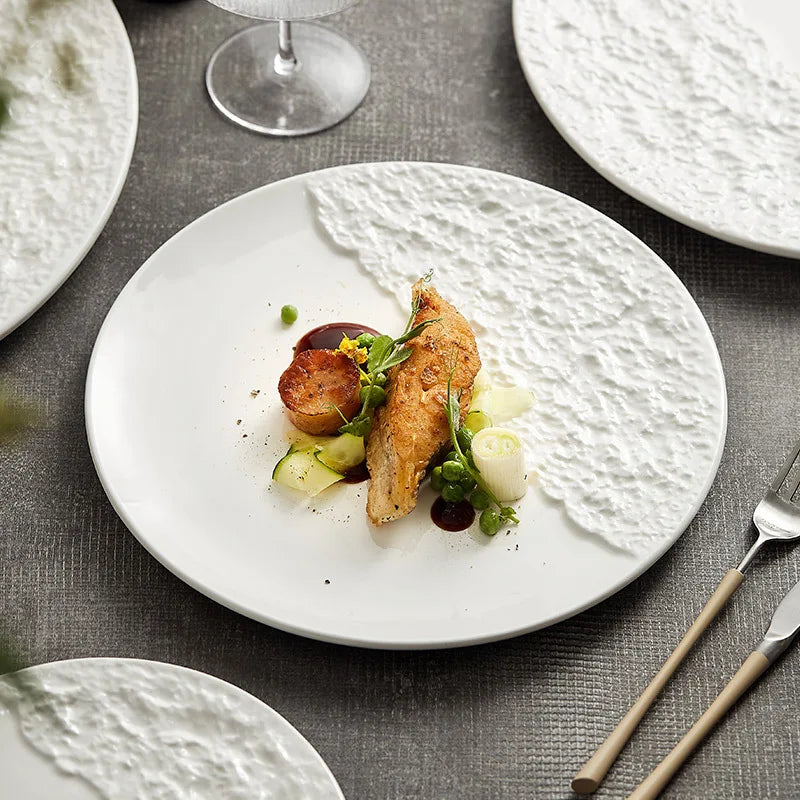 Ceramic Western Food Steak Plate White Round Pasta Spaghetti Fruit Sweet Dessert Serving Show Plate Platter Restaurant Tableware