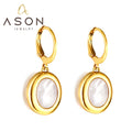 Ason New Fashion Wholesale Exquisite Stainless Steel Jewelry Earrings 18k Gold Plated Oval With White Shell Earrings