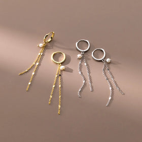 Fashion Earrings Jewelry 925 Sterling Silver Earrings Natural Real Pearl Long Tassel Chain Gold Plated Hoop Earrings Women