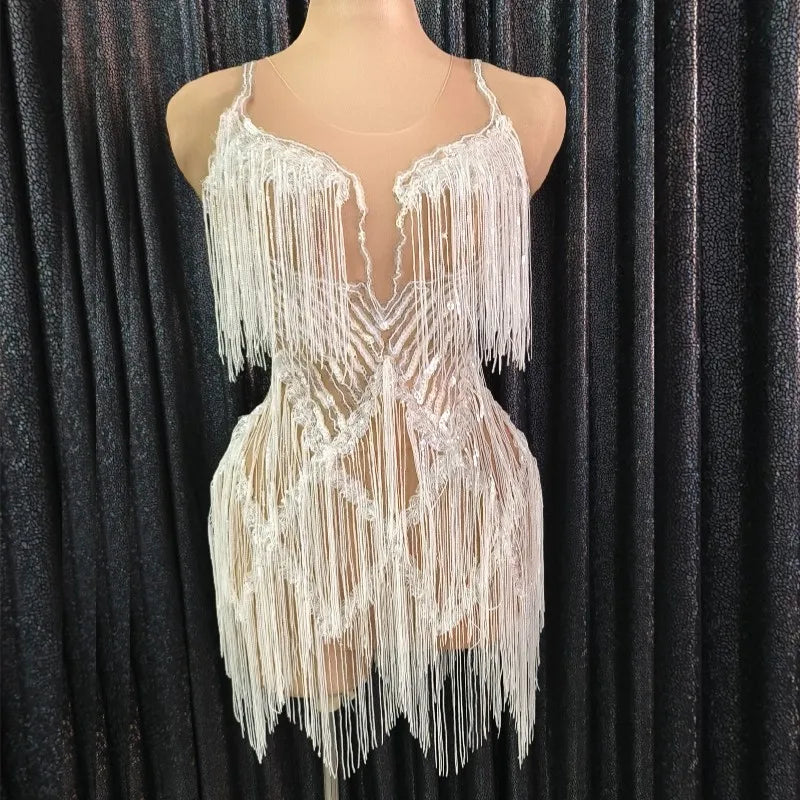 Wholesale Sleeveless Sequins Tassel Bodycon Mini Party Dress Stage Performance Costume Dancer Outfits Women Sexy Club Dress