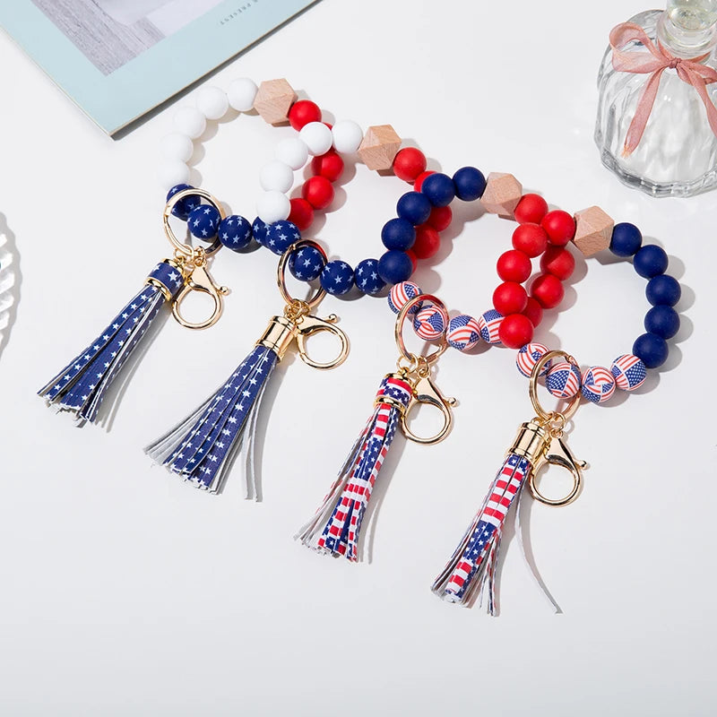 2026 Hot Selling Summer Bracelet Independence Day Silicone Beads American Flag Bangle Tassels Keychain Bracelet