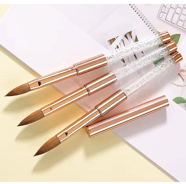 Golden Custom Logo 100% Pure Kolinsky Brush Crimped Acrylic Art Nail Brush Pinceles Kolinsky
