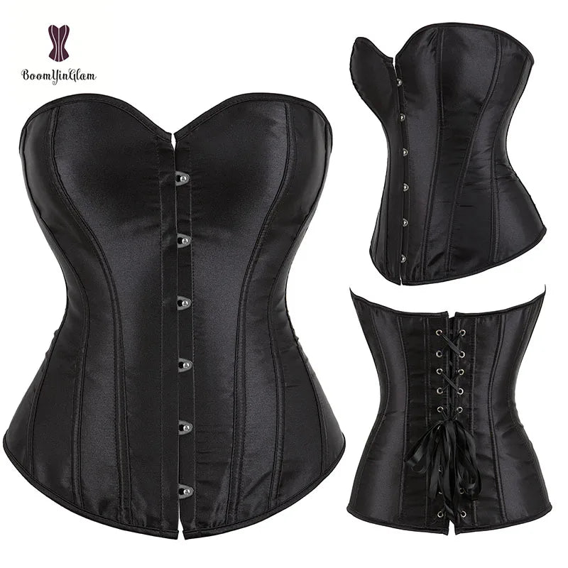 Front Busk Solid Black Plastic Boned Waist Slimming Cincher Shaper Women Gorset Satin Body Shapwear