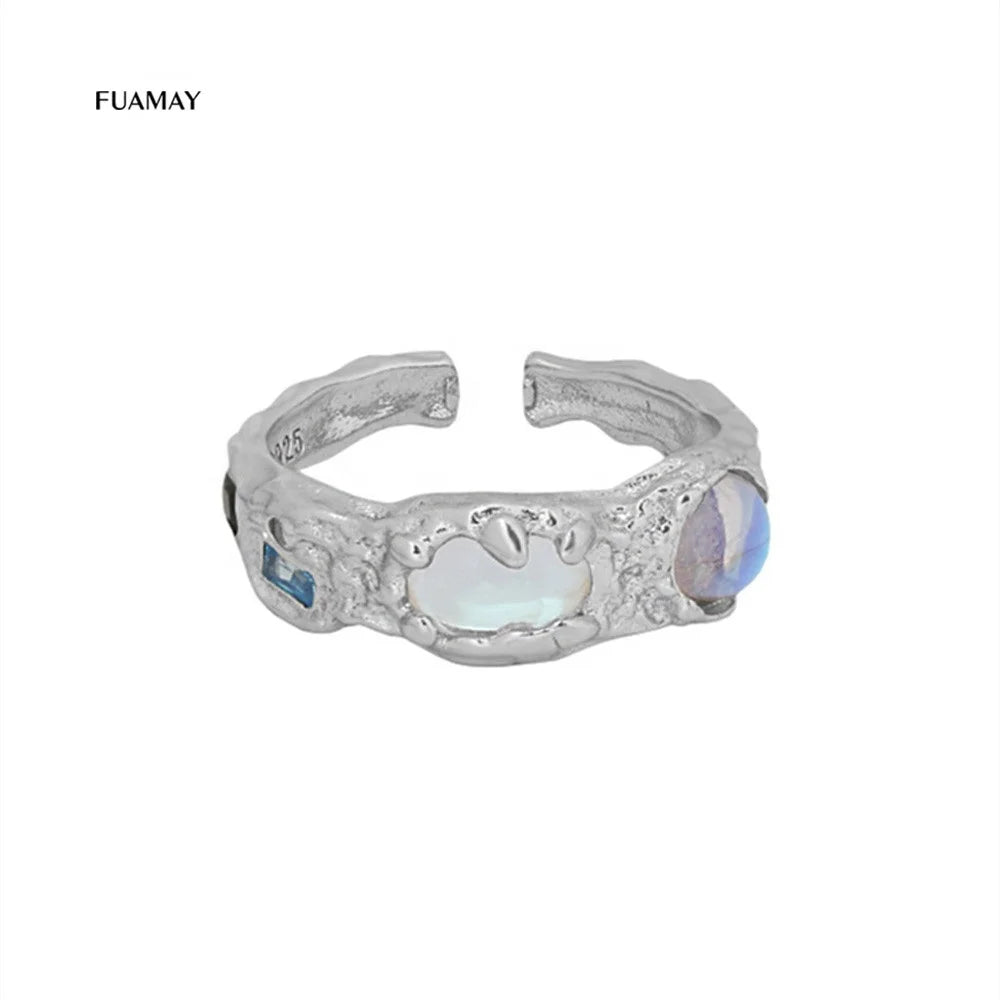 FUAMAY 2022 White Platinum Plated Geometric Moonstone Rings 925 Sterling Silver Engagement Ring CZ Jewelry Woman