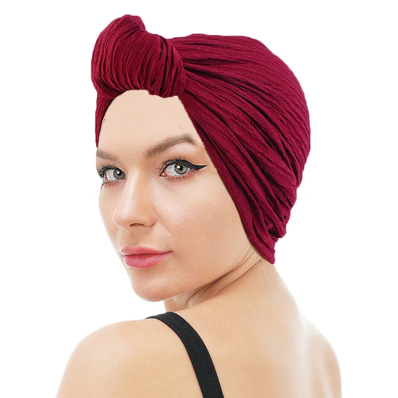 Wholesale Custom Logo Hair Accessories Pre-tied Solid Color Top Knotted Turbans Plain Ruffle Headwear Turban for Women
