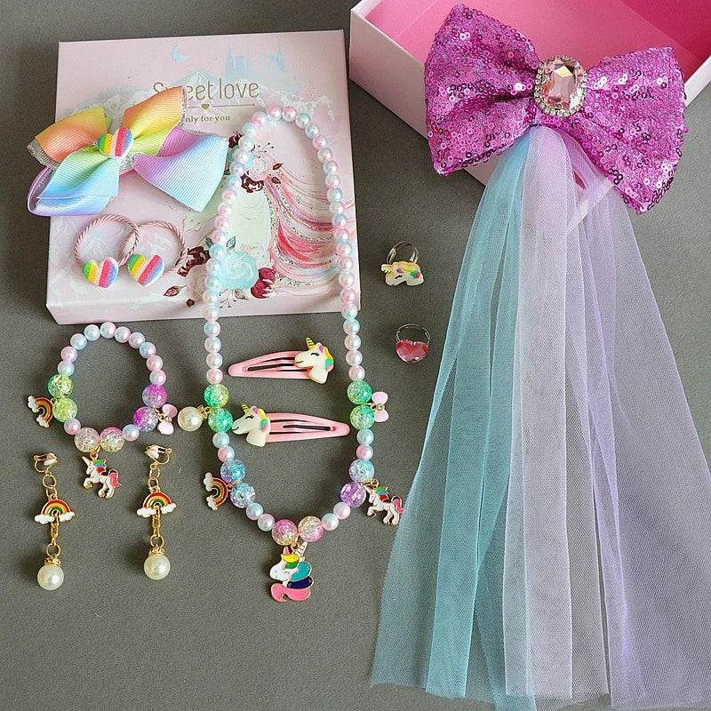 New Children's Necklace Set unicorn Necklace Bracelet Earring Gift Box Children's Jewelry Necklace for Girl MegaBDM