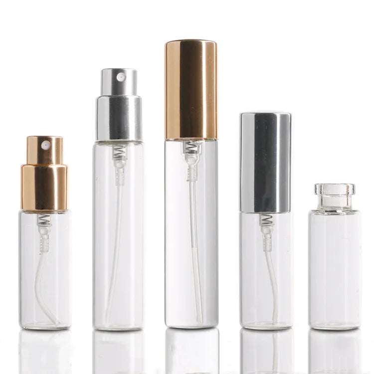 In Stock Aluminum Gold Lid Crimp Neck Small Spray Bottle 5ml 10ml Perfume Refillable Glass Spray Bottle
